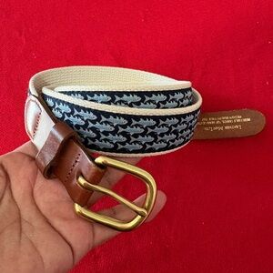 EUC Blue Fish On Navy Leather & Ivory
Canvas Belt . Leather Man USA